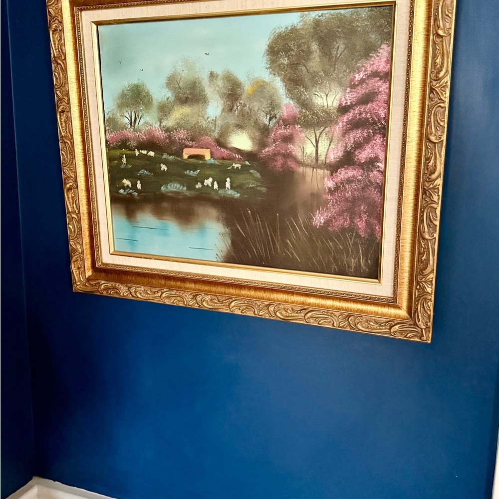 Vintage Framed Landscape Painting with Gold Ornate Frame - Pink & Teal